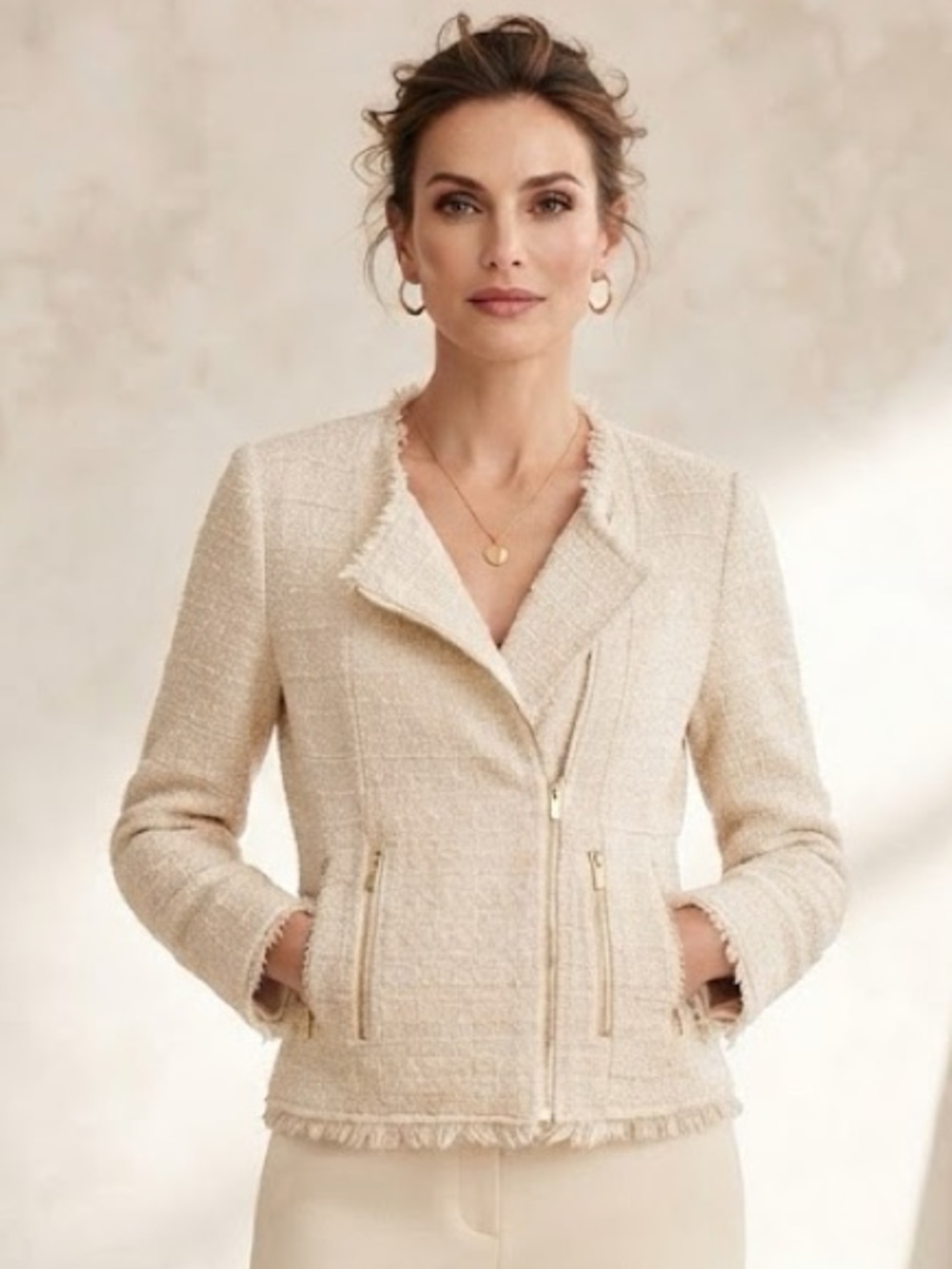 Suncoo Cream moto-style Tweed Zip Textured Blazer Jacket with raw edges